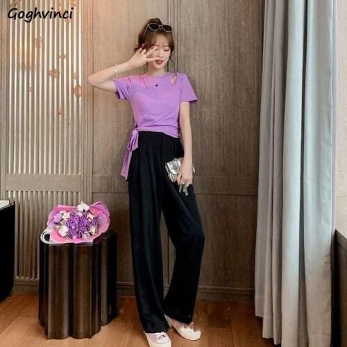 Women Sets Summer Chic Hollow Out Lace-up Leisure Design Crop Top Wide Leg Classic Simple Trouser Summer Fashion Femme Outfits