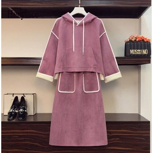 Plus Size Sets Women Elegant Hoodie Long Sleeve Pullover Tops And High Waist Skirts Two Piece Set Female Korean Casual Tracksuit