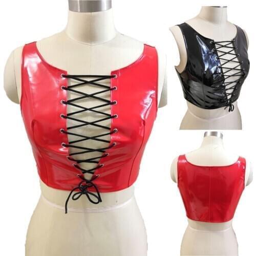 Womens Gothic Steampunk Corset Boned Bandage Waist Red Corsets Bustiers PVC Vest Slim Cincher Black Push up Breast Tops