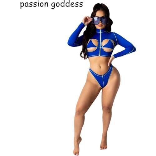 Women Sexy Swimming Suit Long Sleeve Hollow Out Crop Top 2 Piece Set Low Waist Swimwear Bikini Set Swumsuit Orange Blue Black