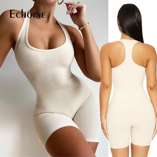 Echoine Fashion women Sexy Knit Rib cotton Skinny Sport Playsuit Casual Slim Round Neck Sleeveless Backless Rompers Jumpsuit