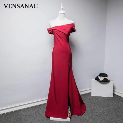 VENSANAC Boat Neck 2018 Satin Split Mermaid Long Evening Dresses Elegant Party Pleat Sweep Train Backless Prom Gowns