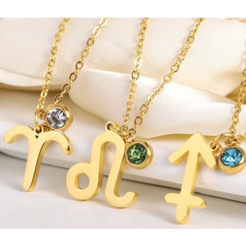 Fashion Birthstone Zodiac Necklaces Pendants For Women Birthday Jewelry Stainless Steel 12 Constellations Necklace BFF