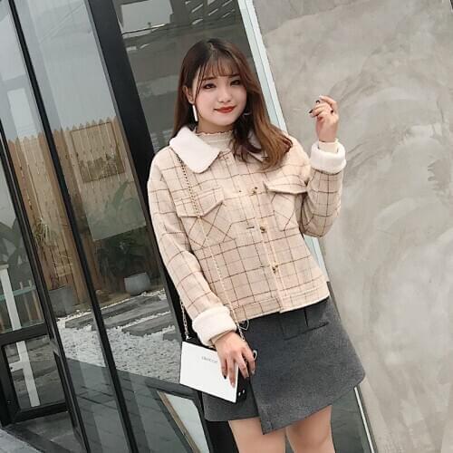 Women coat winter short wool coats women plaid jacket female Blends woolen warm overcoat femininos ladies Clothing woolen coat