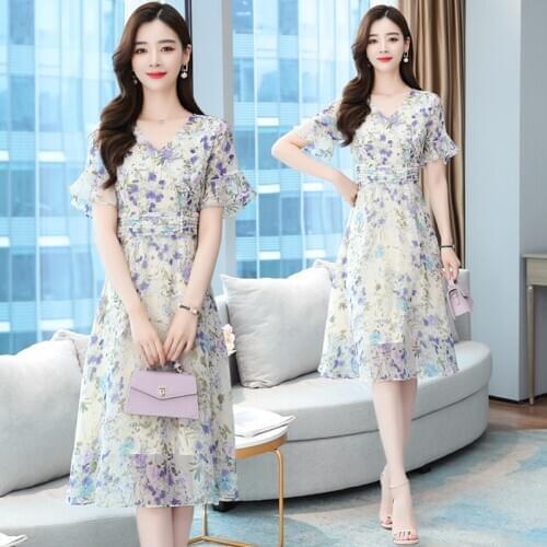 Summer Floral Chiffon Beach Boho Dress Elegant Women Short Sleeve Party Vestido 2021 Vintage Plus Size Sexy V-Neck Midi Sundress