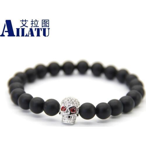 Ailatu 10pcs/lot High Grade Jewelry 8mm Black Matte Onyx Stone Beads with Micro Inlay Zircon Skull Bracelet