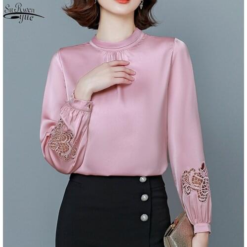2021 Autumn Lantern Long Sleeve Hollow Blouse Women Office Lady Satin Solid Pullover Shirts Women Elegant Ladies Clothes 11088