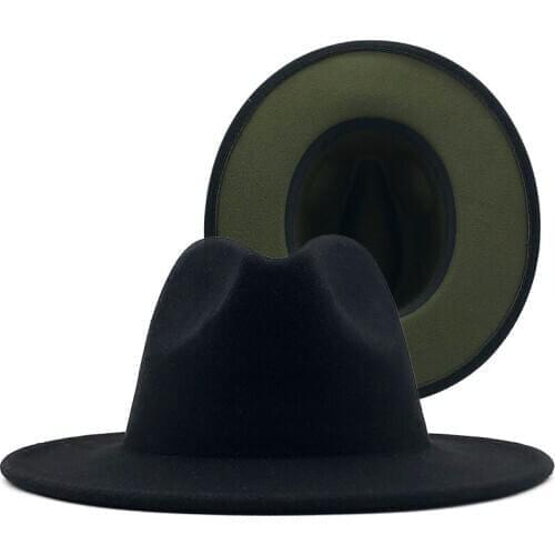 Big Size Outer black Inner Army green Wool Felt Jazz Fedora Hats with Thin Belt Buckle Men Wide Brim Panama Trilby Cap 56-60CM