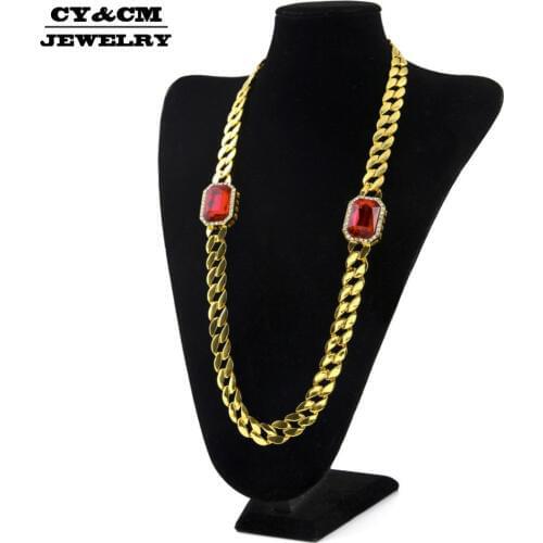 CY&CM Rapper HipHop Men Necklace Bling Iced out Gold Cuban Link Red Stone Rhinestone Crystal Long Miami Chain Punk Jewelry 30"