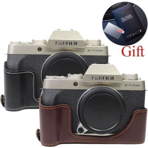 Genuine Leather Camera Case Bag Half Body For Fujifilm XT200 Fuji XT200 XT-200 Tempered Glass