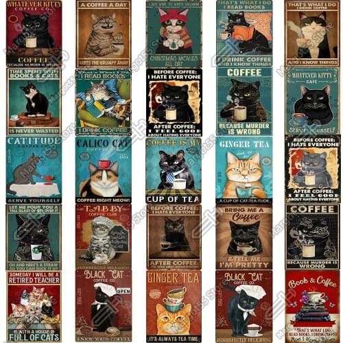 Black Cat Drinking Coffee Style Vintage Tin Plates Sign Art Wall Sticke decor for Coffee Shop Sweet Home Room farmhouse Decor