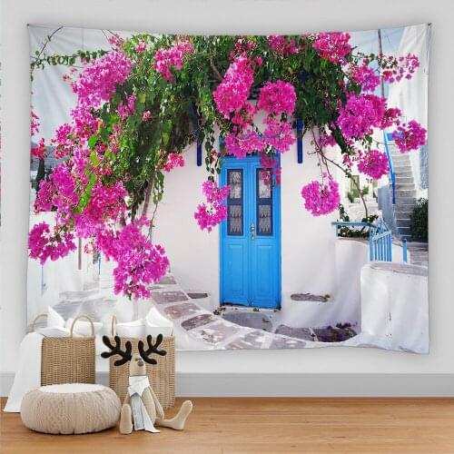 Flower Seaview Landscape Tapestry Wall Hanging Mediterranean Sea Beach Tapestries 3D Printed Large Wall Tapestry Boho Home Decor