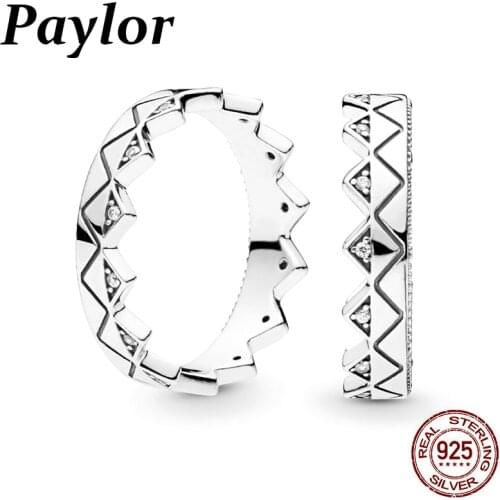 Paylor Fashion 925 Sterling Zircon Crown Finger Ring Classic Stackable Silver Jewelry For Women Wedding Party Gift