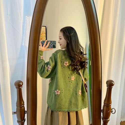 Korobov Korean Sweet Flower Women Sweaters Vintage OL Elegant Cardigan Japanese Style O Neck Cardigans Women