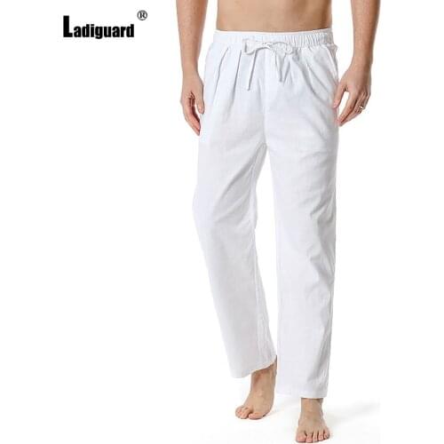 Plus Size 3xl Mens Pocket Design Linen Pants Solid White Khaki Casual Drawstring Trousers Mens Autumn Fashion Straight Pantalon
