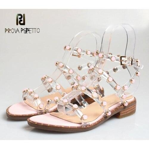 Colorblock Leather Round Head Low Heel Thick Heel Transparent Thin Belt Beaded Rivets Sweet Open Toe Sexy Roman Sandals
