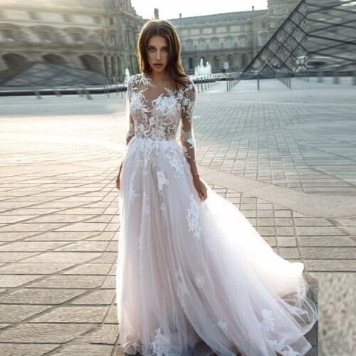 Sexy V-neck Beaded Applique Lace Wedding Dress Long Sleeve Illusion Button Back Sweep Train Wedding Gowns