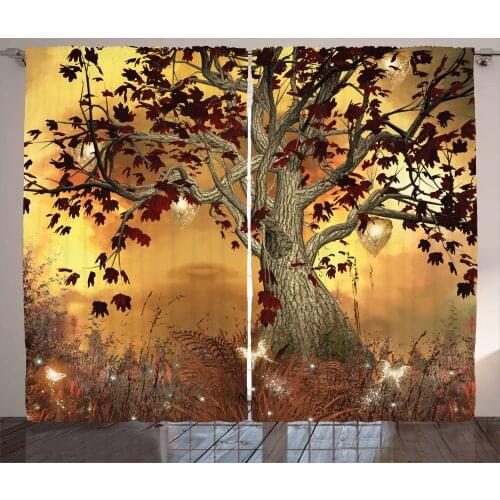 Tree Curtains Mystic Forest and Magical Butterflies Satin Fabric Drapes for Living Room Bedroom 2 Panel Window Set