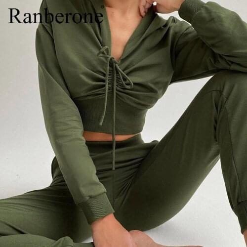 Ranberone 2 PCS Womens Tracksuit Sexy Drawstring Crop Top Pants Women High Waist Loose Trousers Gym Fitness Sport Suit Female