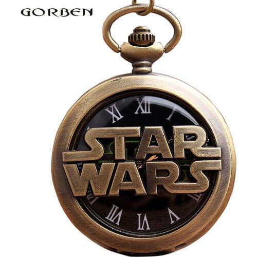 Bronze Vintage Hollow Pocket Watch STAR WAR Necklace Chain Pendant Mens Womens Watches Male FOB Clock Relogio De Bolso
