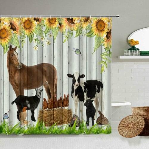 Farm Poultry Cow Chicken Horse Shower Curtain Sunflower Flower Butterfly Spring Antique Wooden Board Bathroom Waterproof Screen