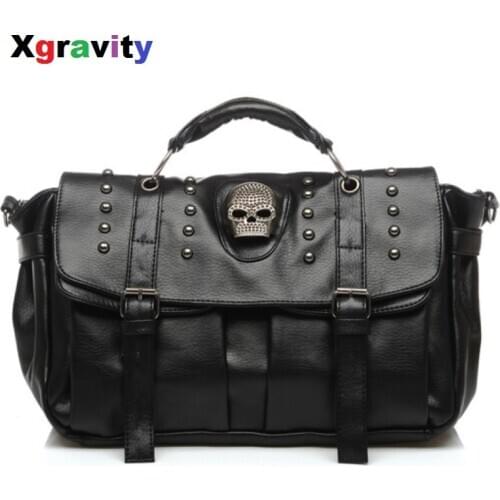 Xgravity 2021 Women Messenger Bags Designer Motorcycle Punk Style Skull Rivet Tote Bag Crossbody Bags Ladies Leather HandBags