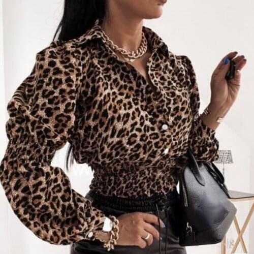 Women Leopard Print Blouse Shirt Vintage Autumn Polka Dot Shirt Button Loose Long Lantern Sleeve Lapel Elegant Office Ladies Top