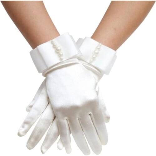 Womens Short Full Fingers Faux Pearl Beaded Bridal Wedding Gloves With Bow Satin