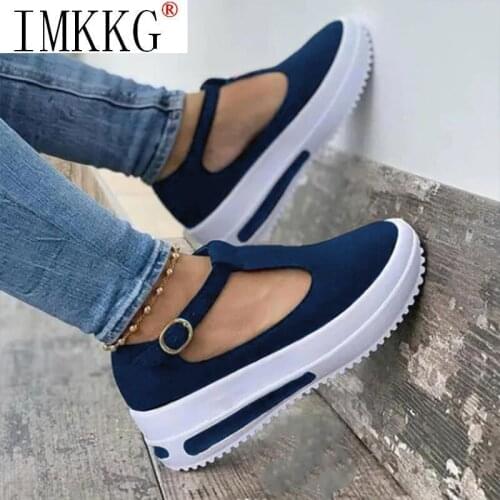 2021 Summer Casual Shoes For Women Buckle Strap Flock Woman Sneakers Female Platform Wedge Shoes Female Thick Bottom Women Shoes