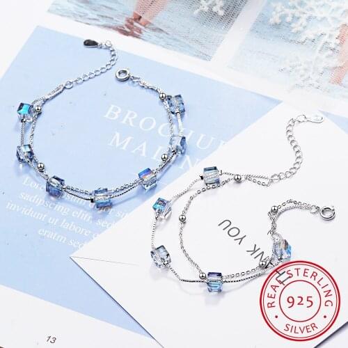 Simple Double Layer Square Candy Synthetic Crystal Bracelet For Women 925 Sterling Silver Hand Jewelry Gift S-B222