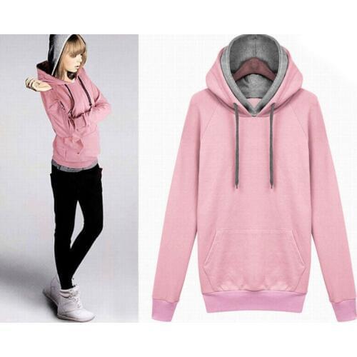 Double hooded contrast color womens sweatshirts top