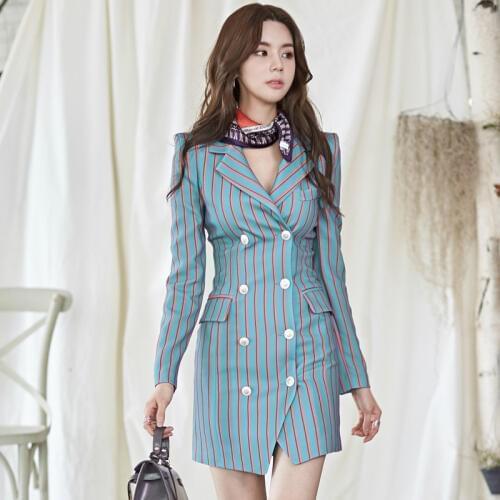 Plus Size Print Striped Blazer Dress Women Double Button Package Hip Bodycon Mini Dress Women Autumn Winter Dresses Women 2019