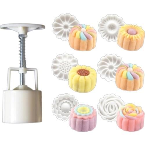 1Pc Plunger 6Pcs Stamps 3D Rose Flower Mooncake Cookie Cutter Pastry Mold Hand Pressure DIY Tool Fondant Baking Cake Decoration