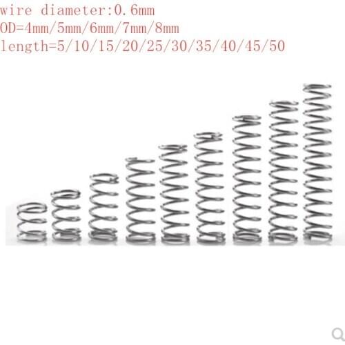 20pcs/lot 0.6mm Stainless Steel Micro Small Compression spring OD 4mm/5mm/6mm/7mm/8mm length 10mm to 50mm