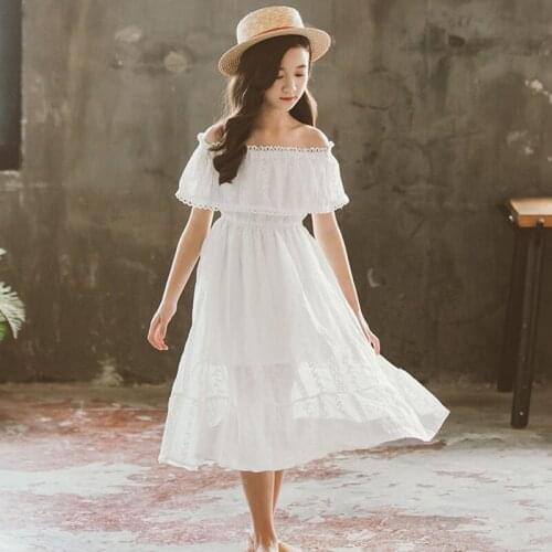 2021 summer Lace Princess Kids Dresses Girls Long Flower Clothes mesh off shouder Wedding white Dress 5 6 7 8 9 10 11 12 year