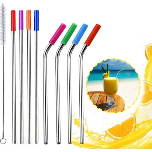 8pcs with 1 Pc Brush Eco Friendly Reusable Straw 304 Stainless Steel Straw Metal Smoothies Drinking Straws Set 7A2776