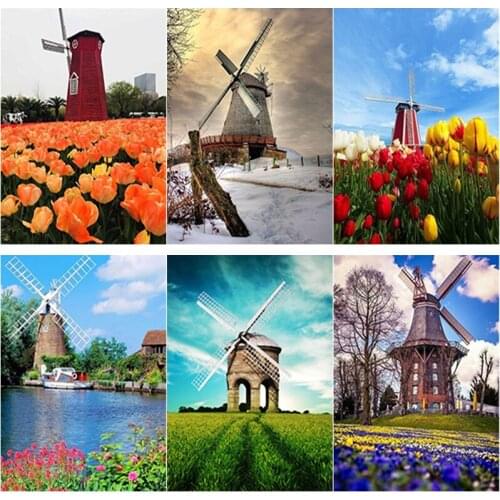 5D DIY Diamond Painting Windmill Flower Diamond Embroidery Scenery Cross Stitch Full Square Round Drill Home Decor Manual Gift