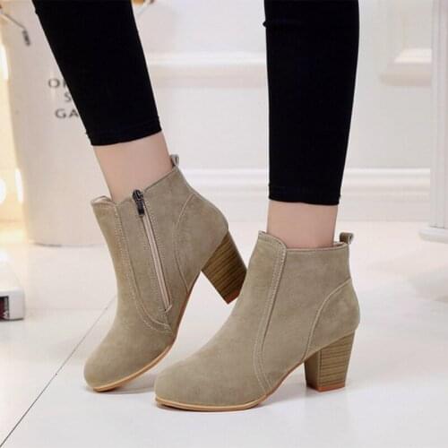 Women Ankle Boots Solid Suede High Heels Ladies Boots Square Heel Pointed Toe Slip On Fashion Female Shoes Autumn Footwear 2021