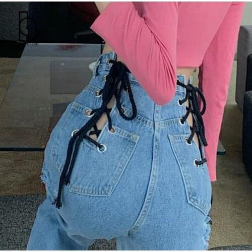 High Waist Hollow Out Bandage Denim Trousers Street Shot Sexy Straight Pants Women Style Female Trousers Super Spicy Loose Jeans
