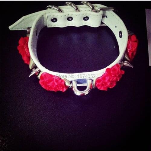Kawaii Lolita Handmade Girl Lady Punk Rock Leather Choker Studded Spikes Rose Flower Collar Necklace