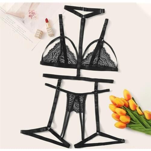Sexy Lingerie Set Women Plus Size Lace Lingerie Bra+Thong+Garter Underwear Bra Set G-String Underwear Nightwear Bra & Brief Sets