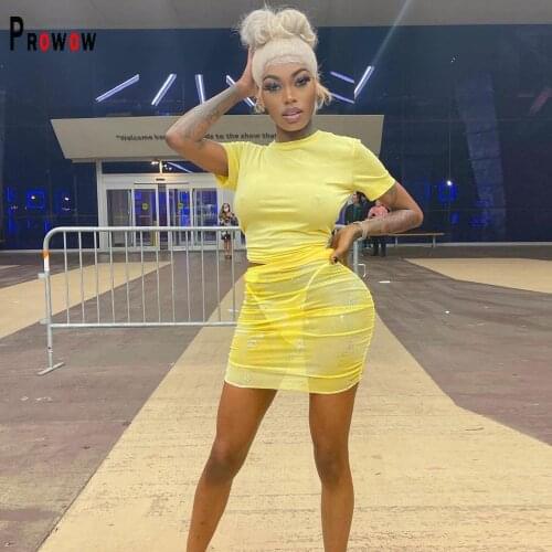 Prowow Summer Women Clothing Set Yellow T-shirt Sequined Mesh Skirt Thong 3pcs Matching Suits Sexy Lady Party Night Club Outfits