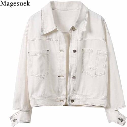 Loose Casual Workwear Jacket Cardigan Lapel Pocket Tops Early Autumn 2020 Solid White Womens Open-stitched Denim Jacket 11995