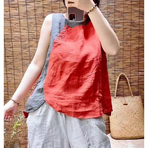 21New Women Tank Summer Office Lady Style Loose Spliced Buttons Asymmetric Female Ramie Tees Fashion