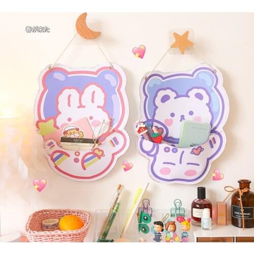Yisuremia 2021 Kawaii Bear Rabbit Wall Mounted Storage Bag Notebook Pens Desktop Organizer Leather Hanging Bag School Stationery