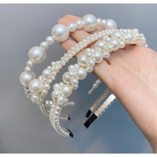 Romantic Simulation Pearl Hairbands Women Hair Accessories Korean Handmade Bow Flower Hoops Headband Wedding Ornaments 2021 New