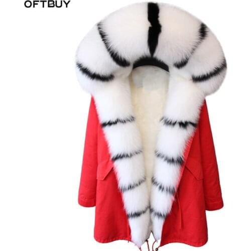 OFTBUY 2021 real fur coat Winter Jacket Women Coat fox Fur collar faux fur liner long Parka Streetwear Outerwear ins fashion