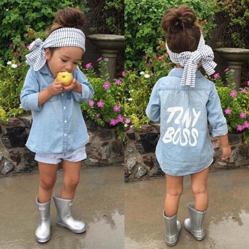 2021 Autumn Toddler Kids Baby Girl Shirts Tops Clothes Denim Letter Print Long Sleeve Tops Shirt Warm Coat Shirt 2-7Y