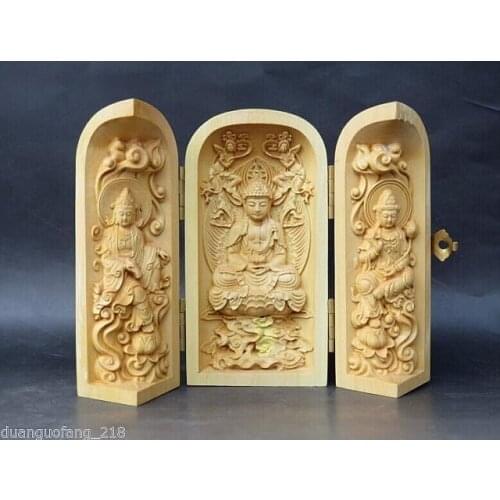 Elaborate Collection Chinese Handmade boxwood carving Buddha Guanyin Kwan-yin amulet box
