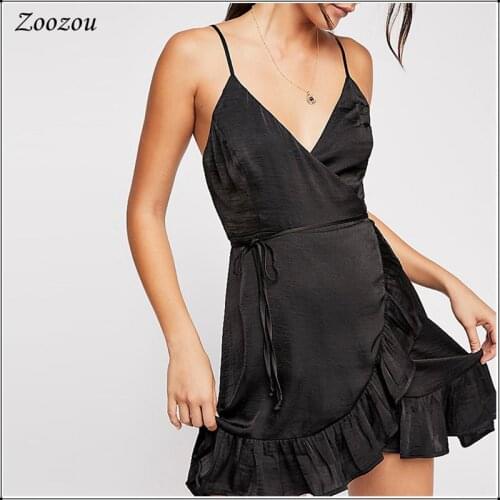 Sexy Spaghetti Strap Wrap Short Mini Dress Ruffles Deep V Neck Sleeveless Backless Tie Waist Dresses Summer Casual Dress Custom